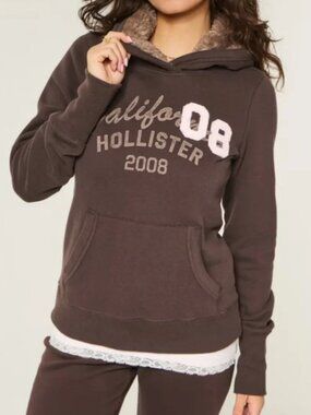 Hollister Brown Sherpa Lined Hood Graphic Print Pullover Hoodie - Size XS Y2K